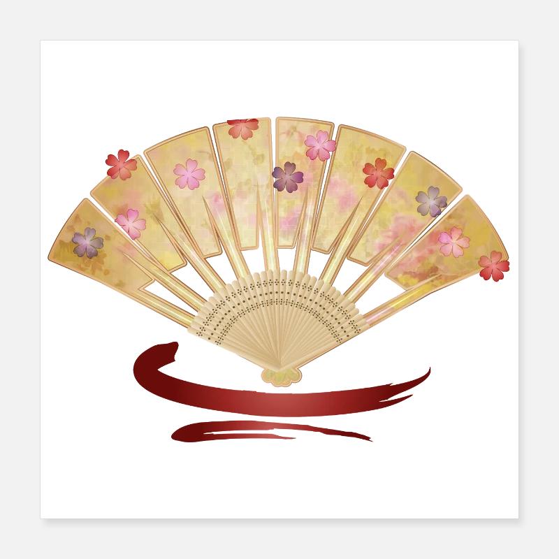 Éventail élégant avec des cerisiers en fleurs et un accent rouge Poster 40 x 40 cm