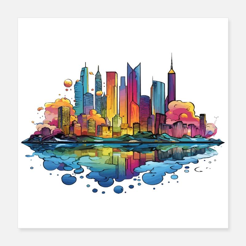 Colorful Skyline Reflection Poster 16" x 16" (40x40 cm)