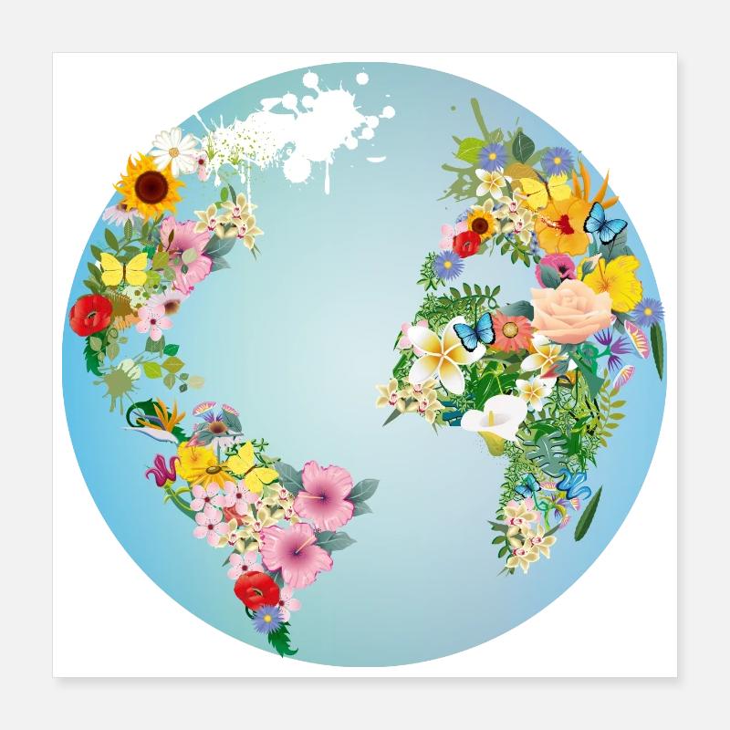 hellblaue Weltkugel mit Kontinente aus Blumen Poster 40x40 cm
