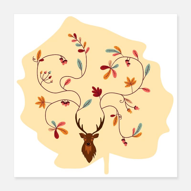 Hirsch im Herbst Geschenk Idee Geweih mit Blättern Poster 40x40 cm
