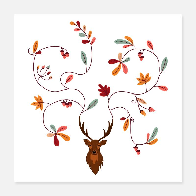 Hirsch im Herbst Geschenkidee Geweih mit Blättern Poster 40x40 cm