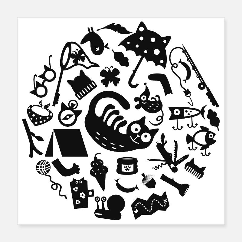 Cat Camping L Noir Poster 40 x 40 cm
