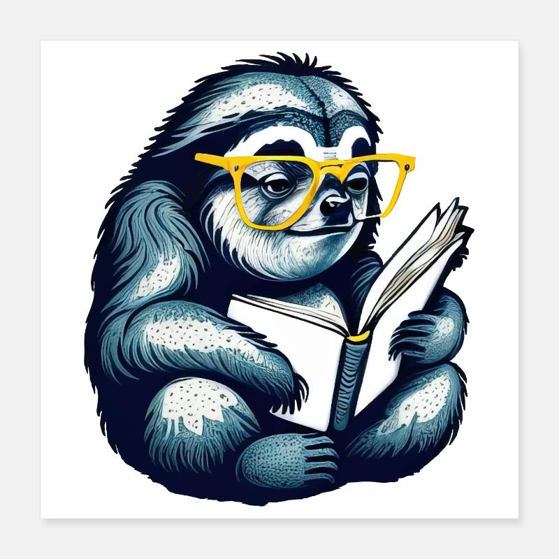 Sloth reads a book, read, books, library Poster 16" x 16" (40x40 cm)