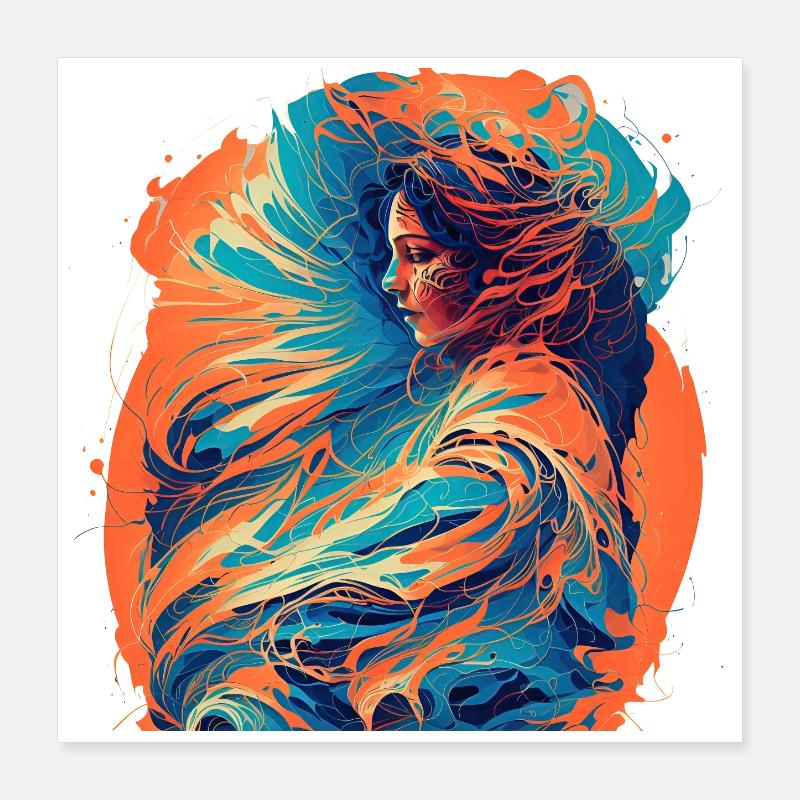 Femme avec des vagues de feu et d’eau Poster 40 x 40 cm
