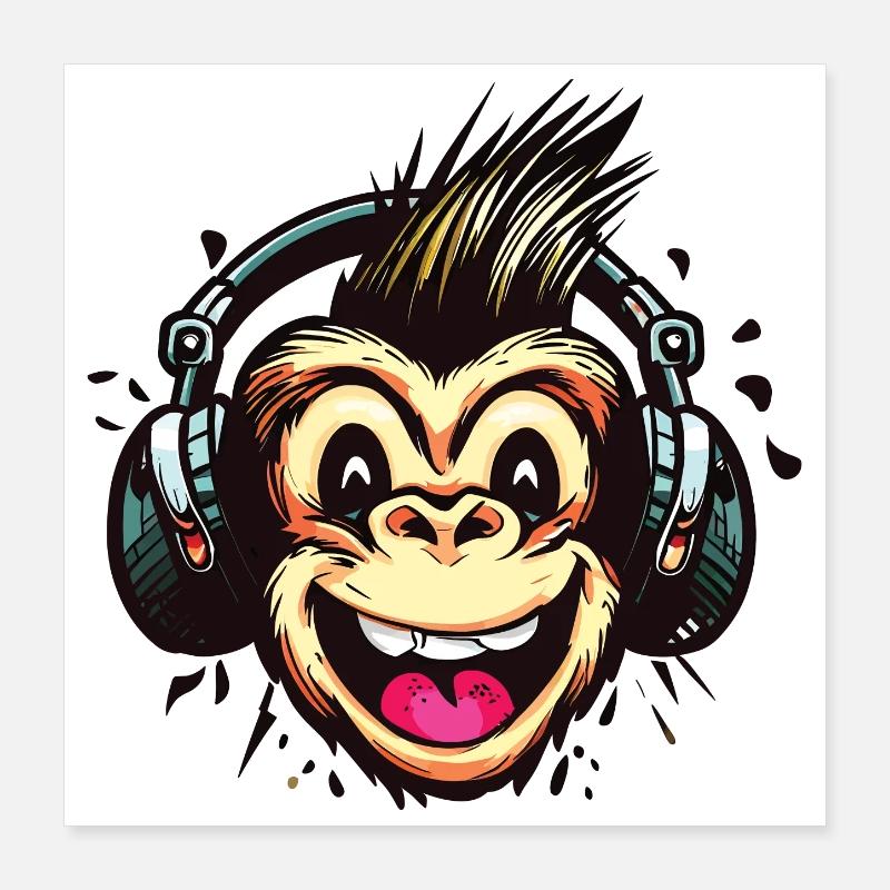 Drôle de DJ Monkey avec casque Poster 40 x 40 cm