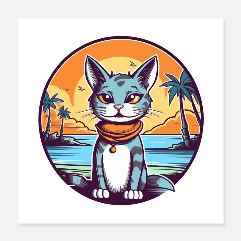 Chat de dessin animé dans un paradis tropical Poster 40 x 40 cm