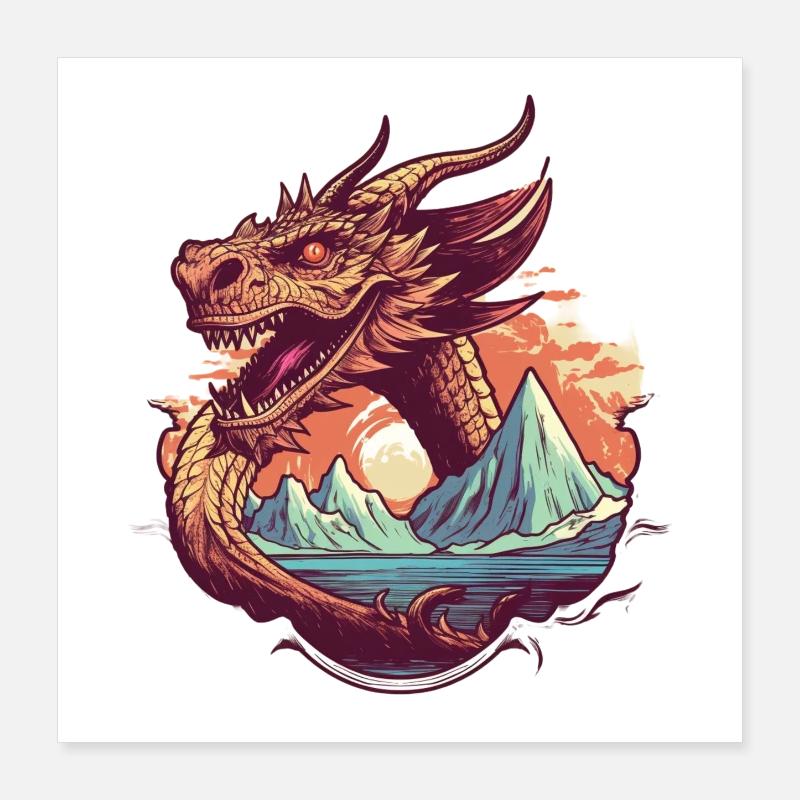 Legendärer Drachentraum mit Bergpanorama Poster 40x40 cm