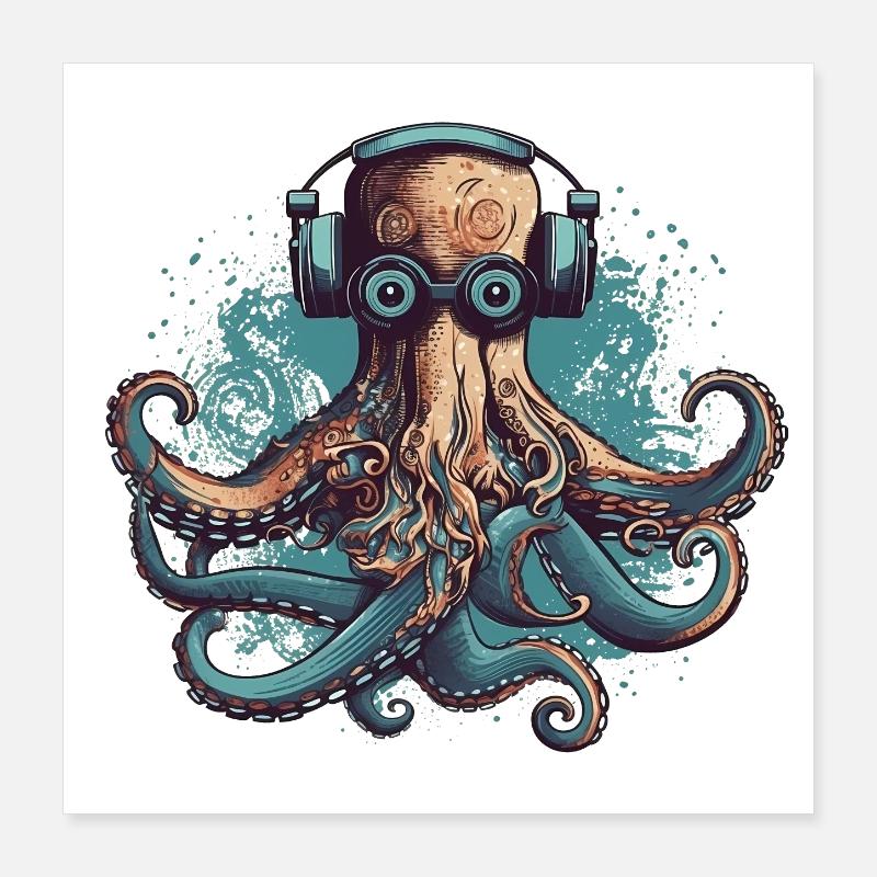 Cool pieuvre nerdy avec lunettes et écouteurs Poster 40 x 40 cm