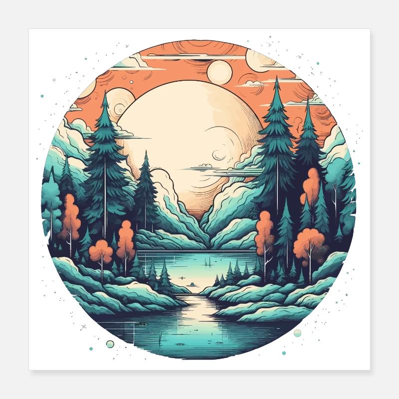 Forêt de clair de lune au bord du lac Poster 40 x 40 cm