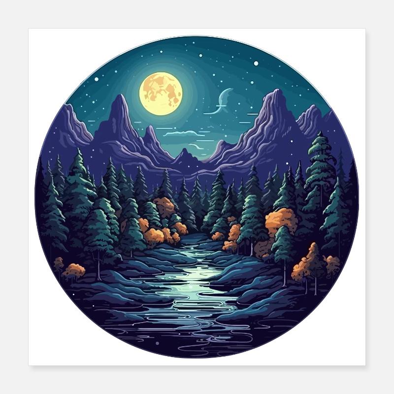 Surreale Wald Landschaft bei Nacht Poster 40x40 cm