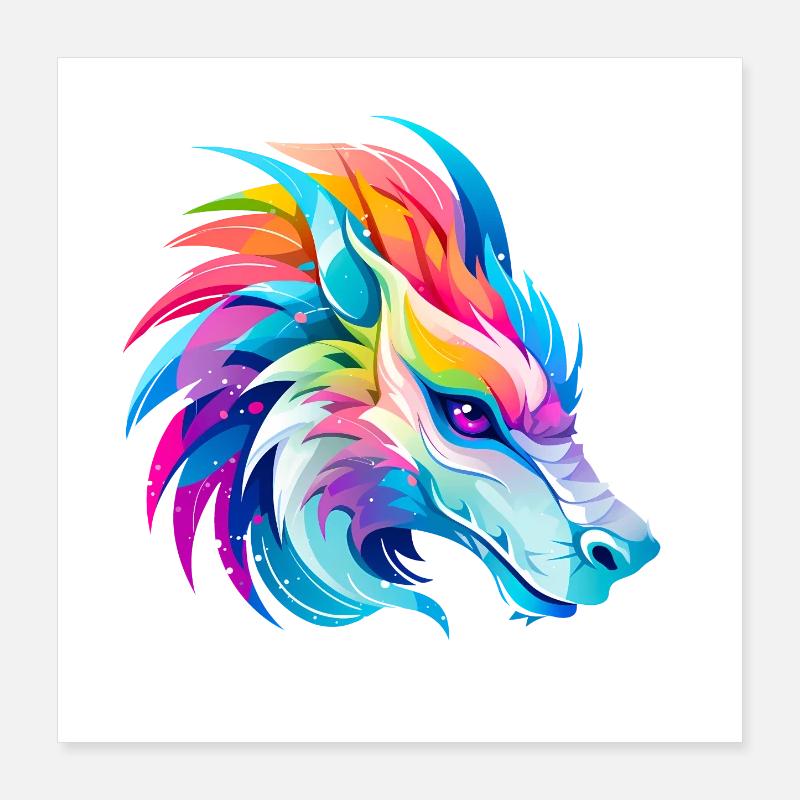 Regenbogen Drache Kopf Poster 40x40 cm