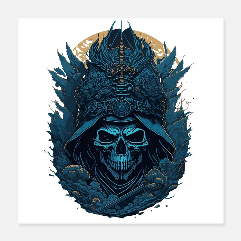 Blauer Samurai Skelett Schädel - Blauer Samurai Schädel Poster 40x40 cm