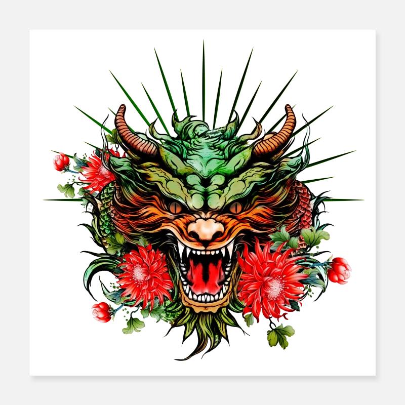 Wunderschöner bunter Drachenkopf mit Blumen. Poster 40x40 cm