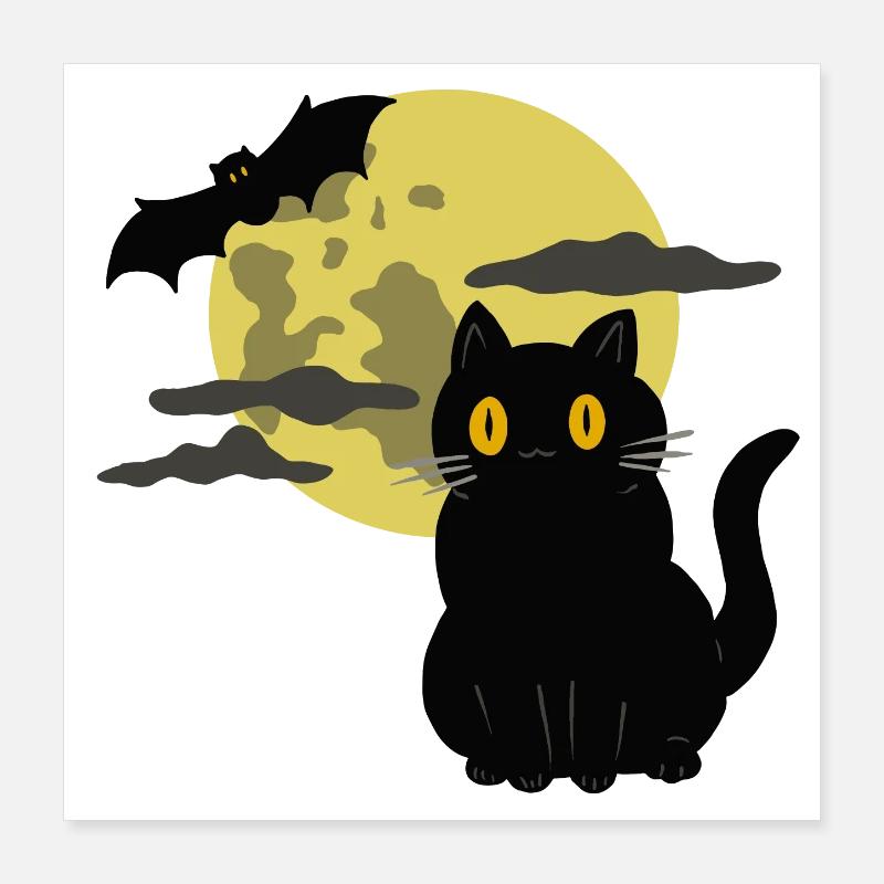 Black Cat Moon Bat Halloween Poster 16" x 16" (40x40 cm)
