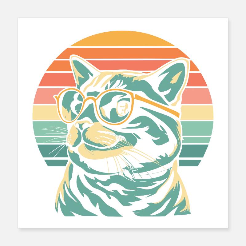 Chat rétro coucher de soleil avec lunettes Poster 40 x 40 cm