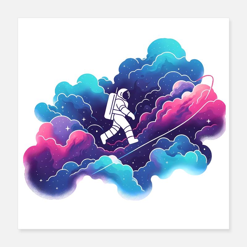 Astronaute dans la nébuleuse colorée : randonnée dans l’espace - Poster 40 x 40 cm - blanc