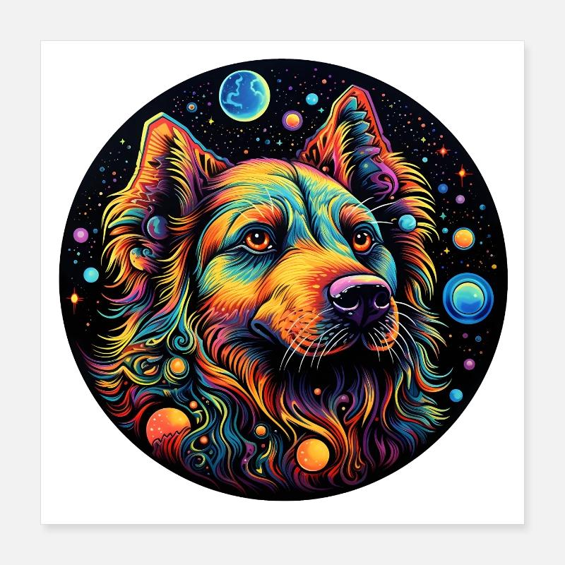 Chien de l’espace coloré avec des planètes Poster 40 x 40 cm