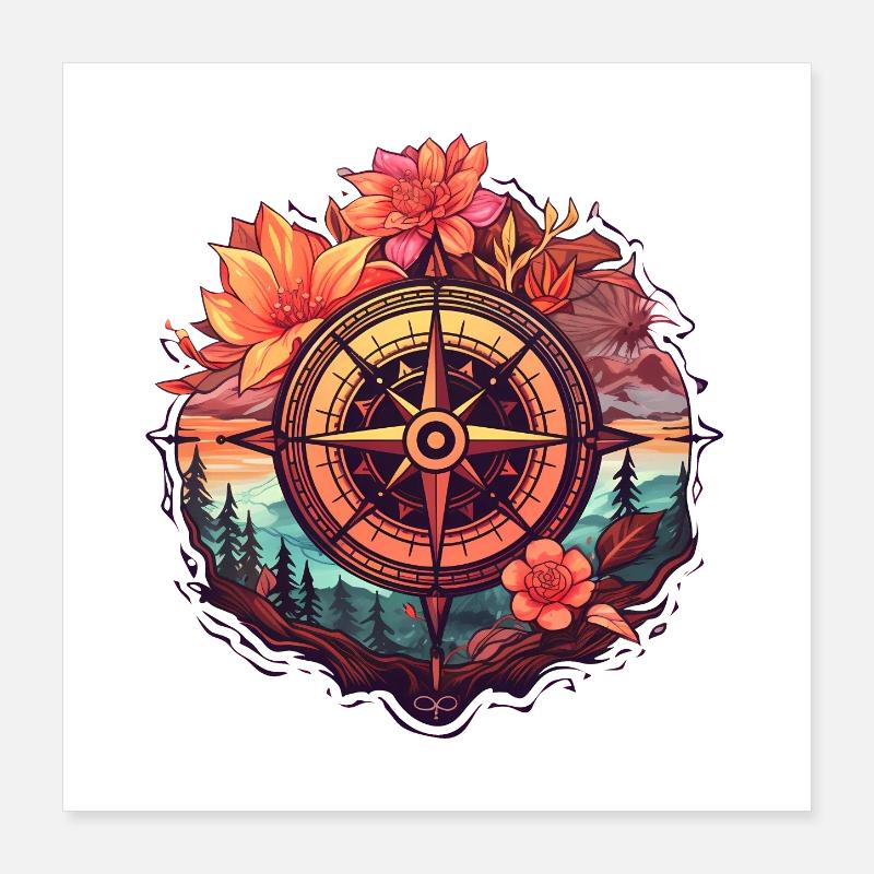 Beautiful Boho Compass with Flowers and Trees Poster 16" x 16" (40x40 cm)