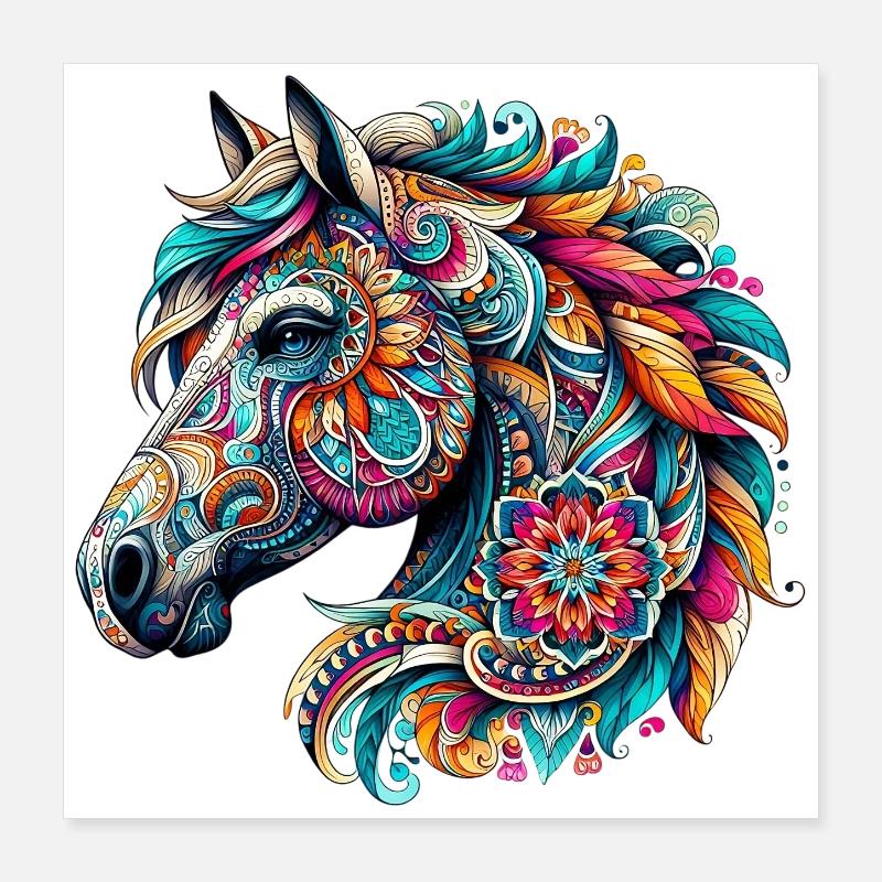 Cheval décoré de Mandalas Poster 40 x 40 cm