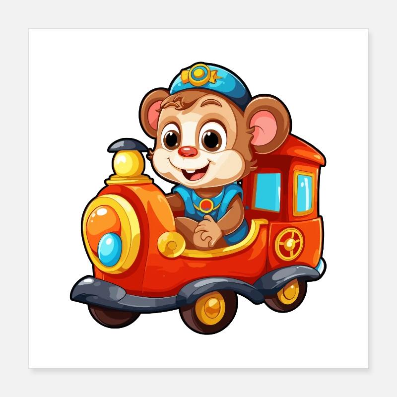 Monkey Railroad Chimpanzee Monkey Rides Railroad Poster 16" x 16" (40x40 cm)