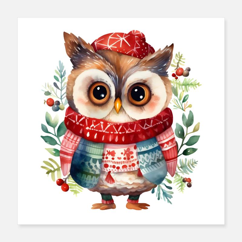 Hibou d’hiver avec écharpe rouge Poster 40 x 40 cm