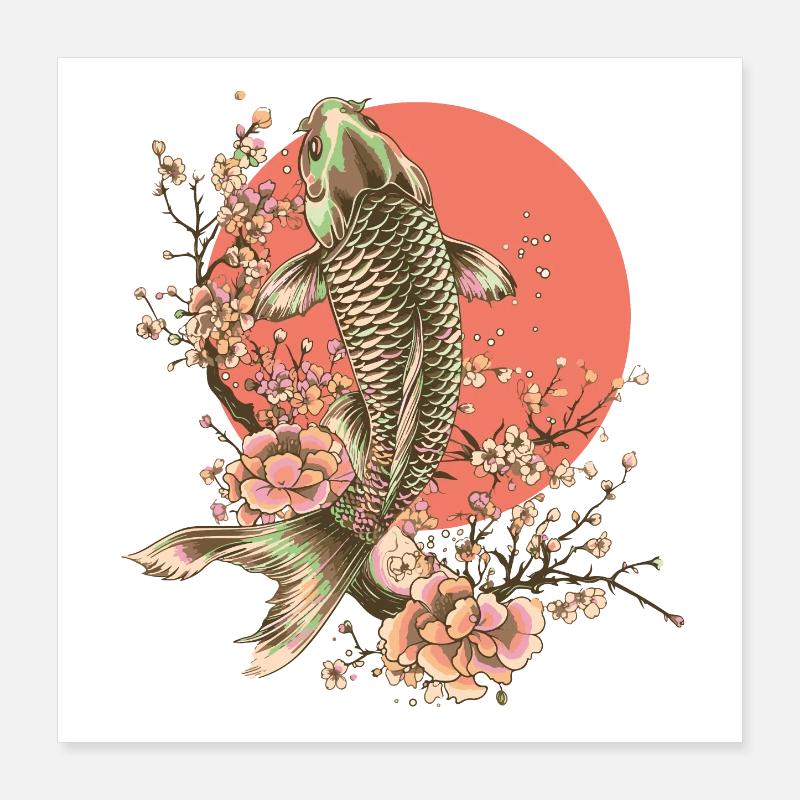 Poisson élégant avec motif de fleurs de cerisier Poster 40 x 40 cm
