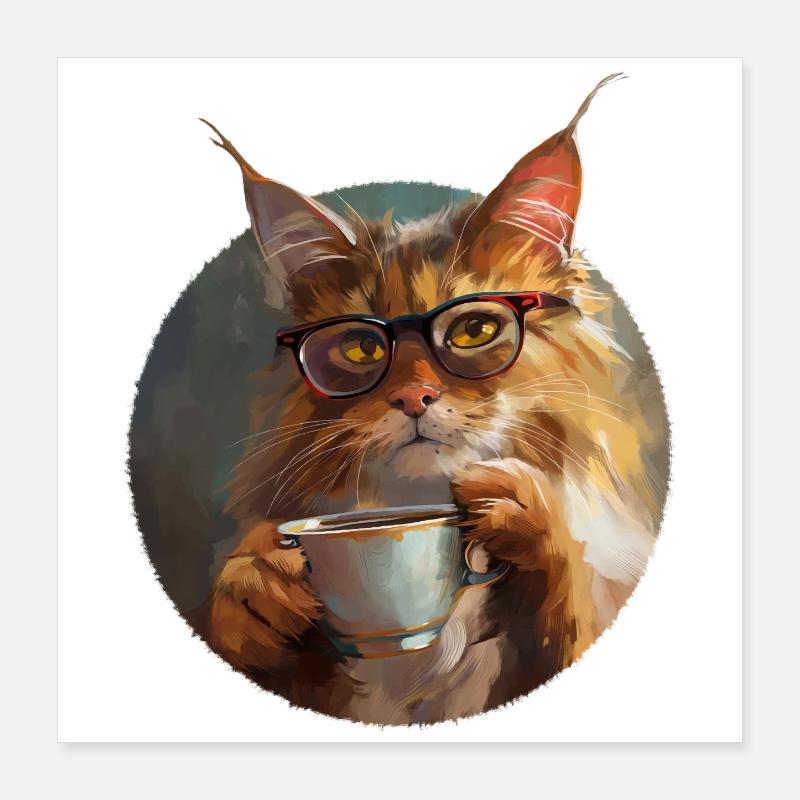 Illustration de Chat avec sa tasse de café Poster 40 x 40 cm