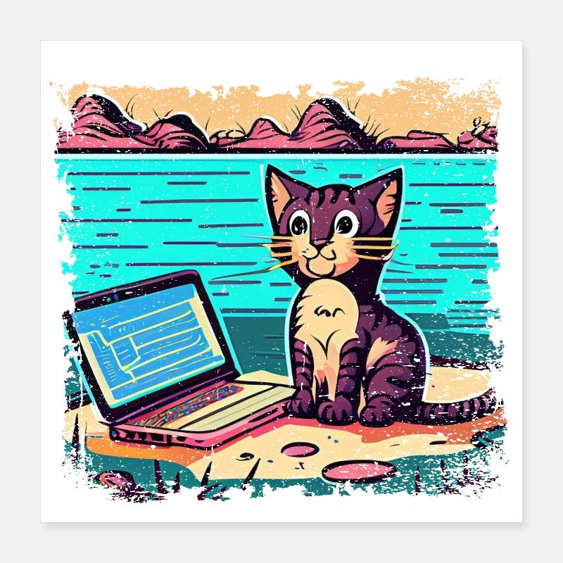 Chat avec ordinateur portable Poster 40 x 40 cm