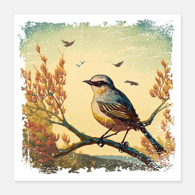 Vogel sitzt auf Ast, mediterraner Hintergrund Poster 40x40 cm
