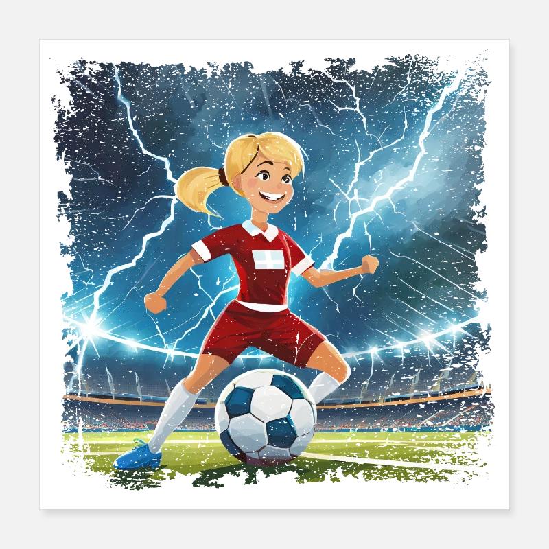 Fussballerin Comicfigur Stadion mit Blitzen Poster 40x40 cm