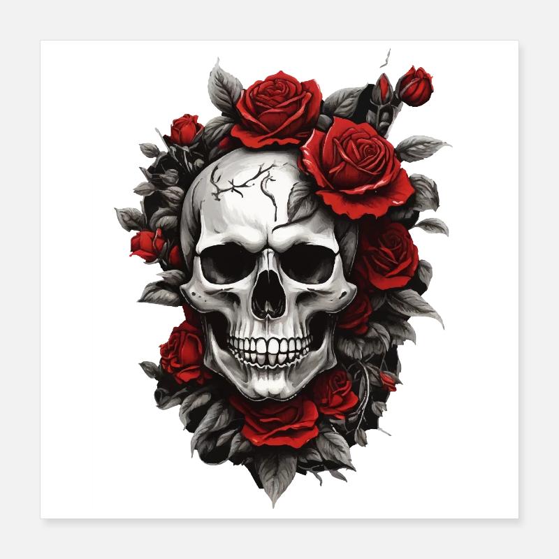 Schädel mit roten Rosen - Poster 40x40 cm - Weiß