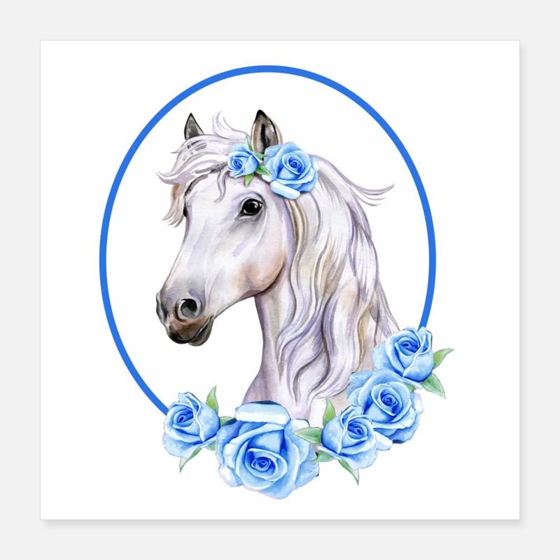 Cheval Blanc Romantique - Roses Bleu Clair Poster 40 x 40 cm