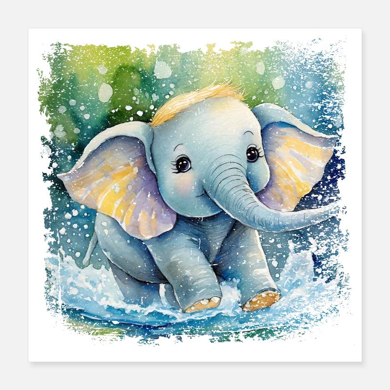 Mignon bébé éléphant jouant dans l’eau Poster 40 x 40 cm