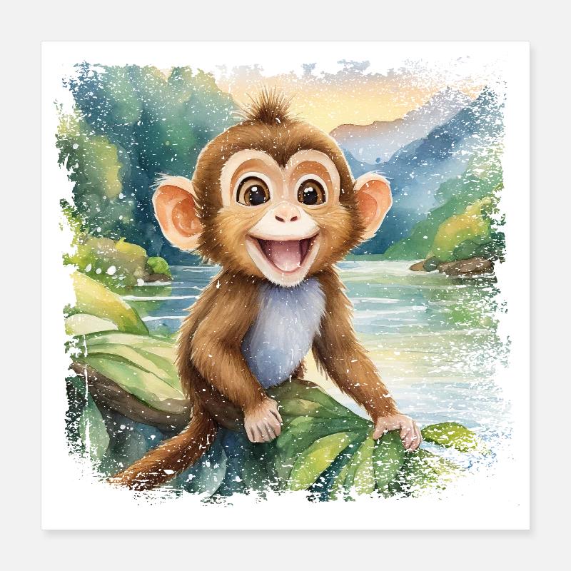 Cute young monkey, cheerful by the river Poster 16" x 16" (40x40 cm)