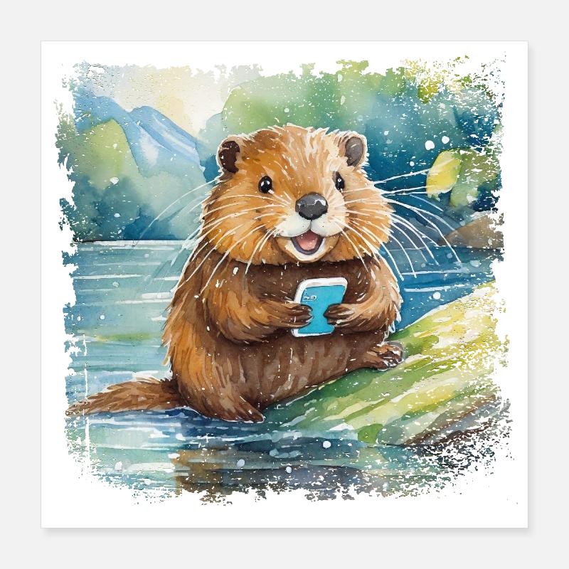 Niedlicher junger Biber mit Handy Poster 40x40 cm