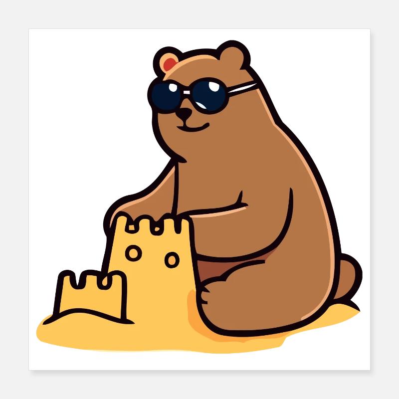Ours au bord de la plage : le roi du château de sable Poster 40 x 40 cm
