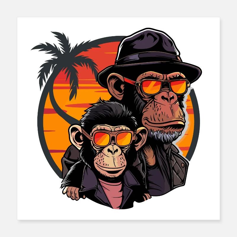 Monkey Dad Son Monkey Chimpanzee Animal Vintage Poster 16" x 16" (40x40 cm)
