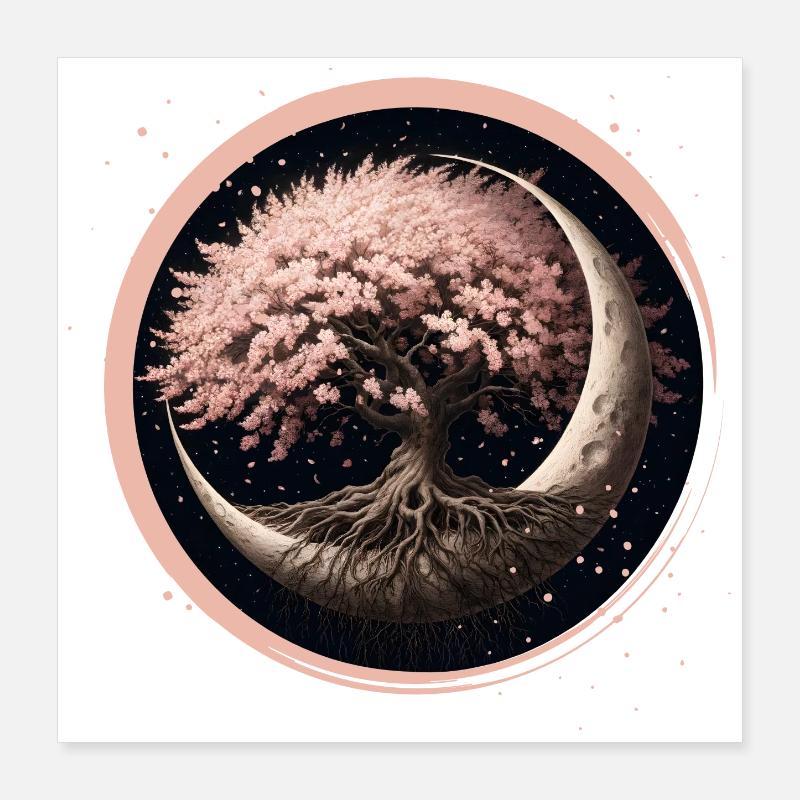 Elegant Cherry Blossom Bonsai Tree on Crescent Moon Poster 16" x 16" (40x40 cm)