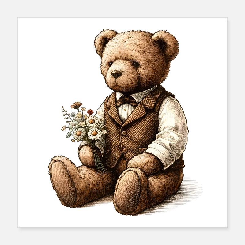 Vintage-Teddy mit Blumen: Ein Hauch von Nostalgie Poster 40x40 cm