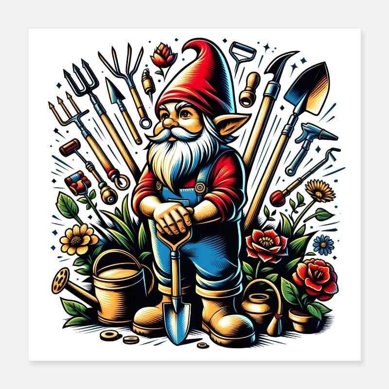 Bunter,lebendiger Gartenzwerg umgeben von Werkzeug Poster 40x40 cm