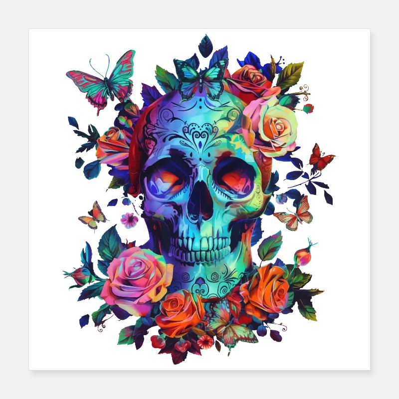 Crâne avec fleurs et papillon Poster 40 x 40 cm