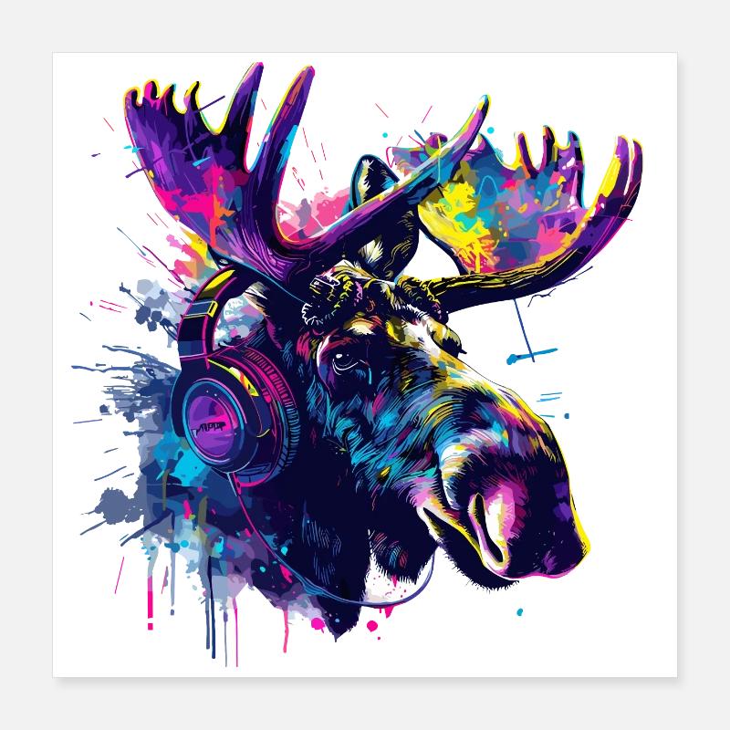 Elch Elche Elchkopf mit Kopfhörer Poster 40x40 cm