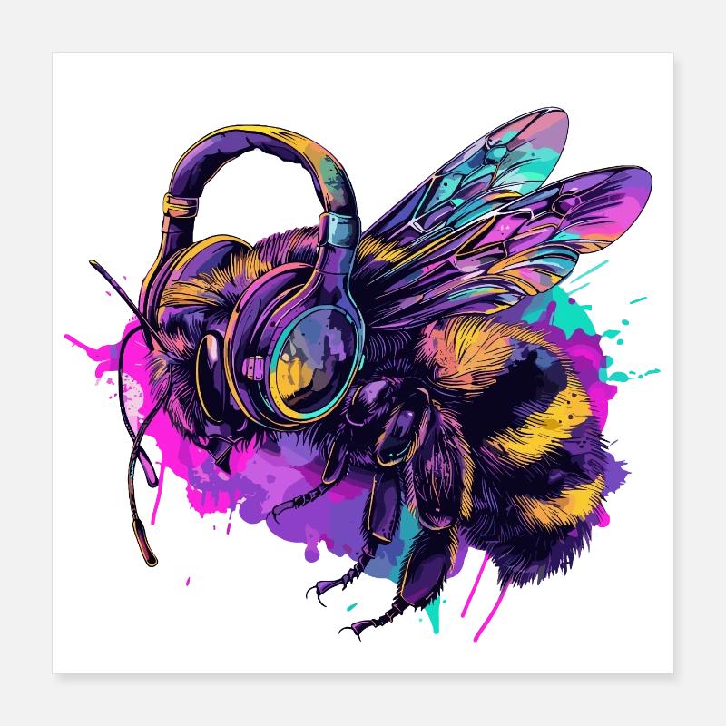 Biene Bienen Bienenkopf mit Kopfhörer Poster 40x40 cm