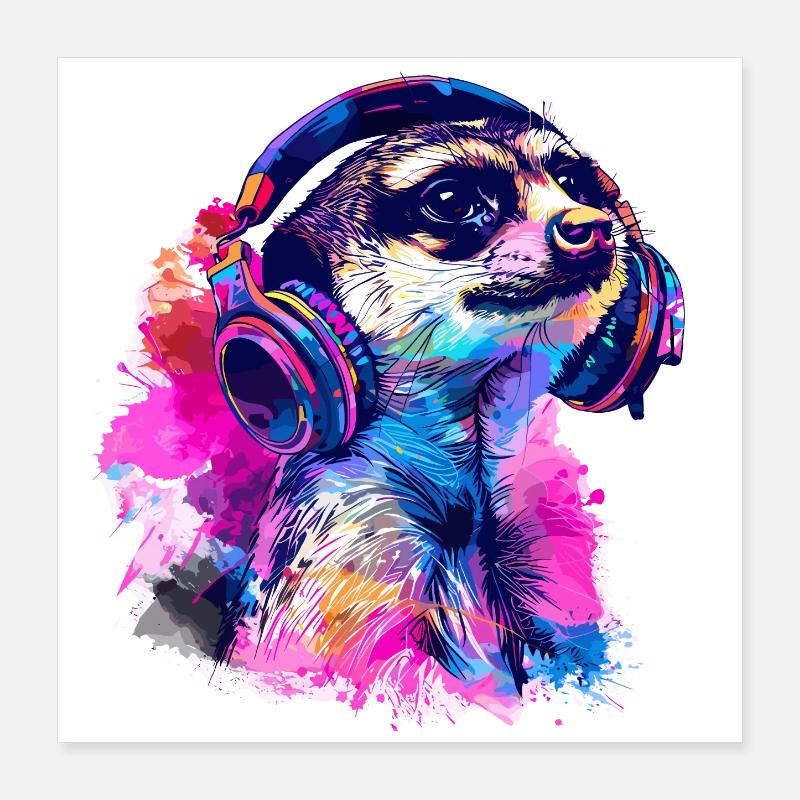Erdmännchen Erdhündchen Scharrtier mit Kopfhörer Poster 40x40 cm