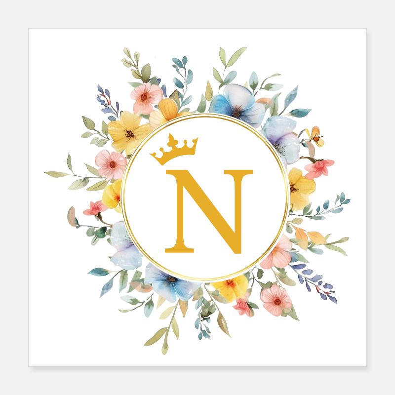 N Monogram, Flower Circle, Personalizable Poster 16" x 16" (40x40 cm)