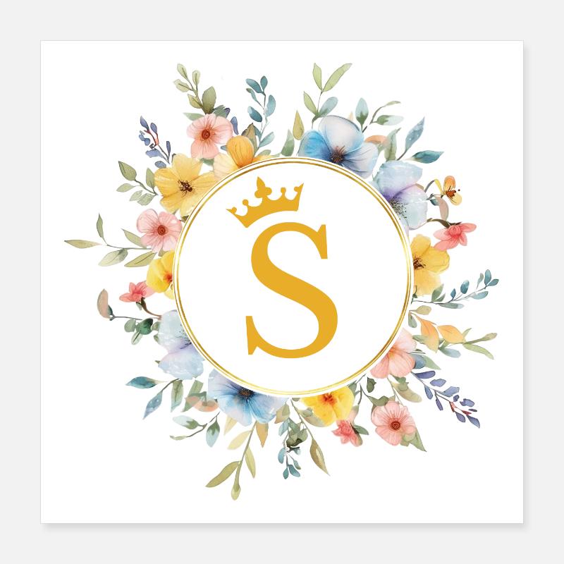 S Monogram, Flower Circle, Personalizable Poster 16" x 16" (40x40 cm)