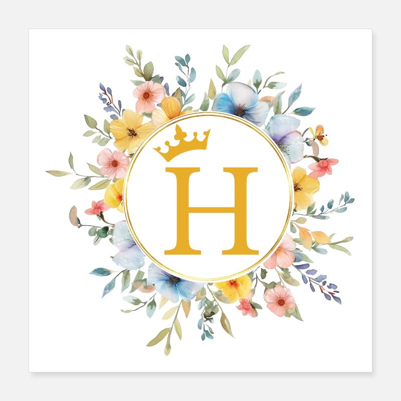 H Monogramme, Cercle de fleurs, Personnalisable Poster 40 x 40 cm