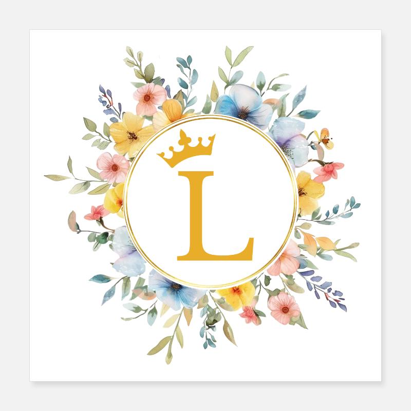 L Monogram, Flower Circle, Personalizable Poster 16" x 16" (40x40 cm)