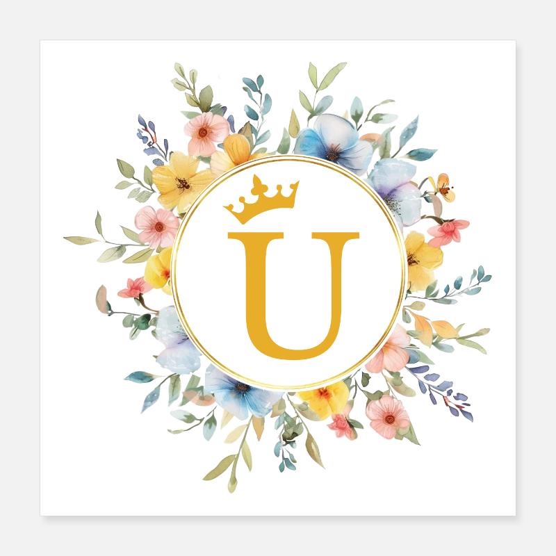 U monogramme, cercle de fleurs, personnalisable Poster 40 x 40 cm