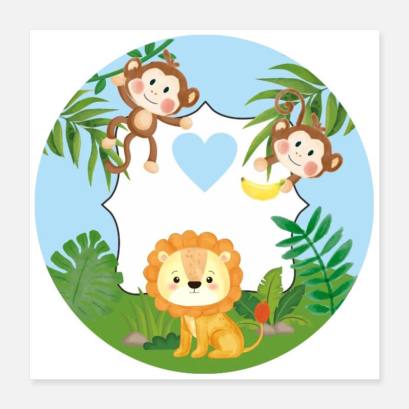 Freundschaft - Kleine Äffchen & Löwe  Poster 40x40 cm